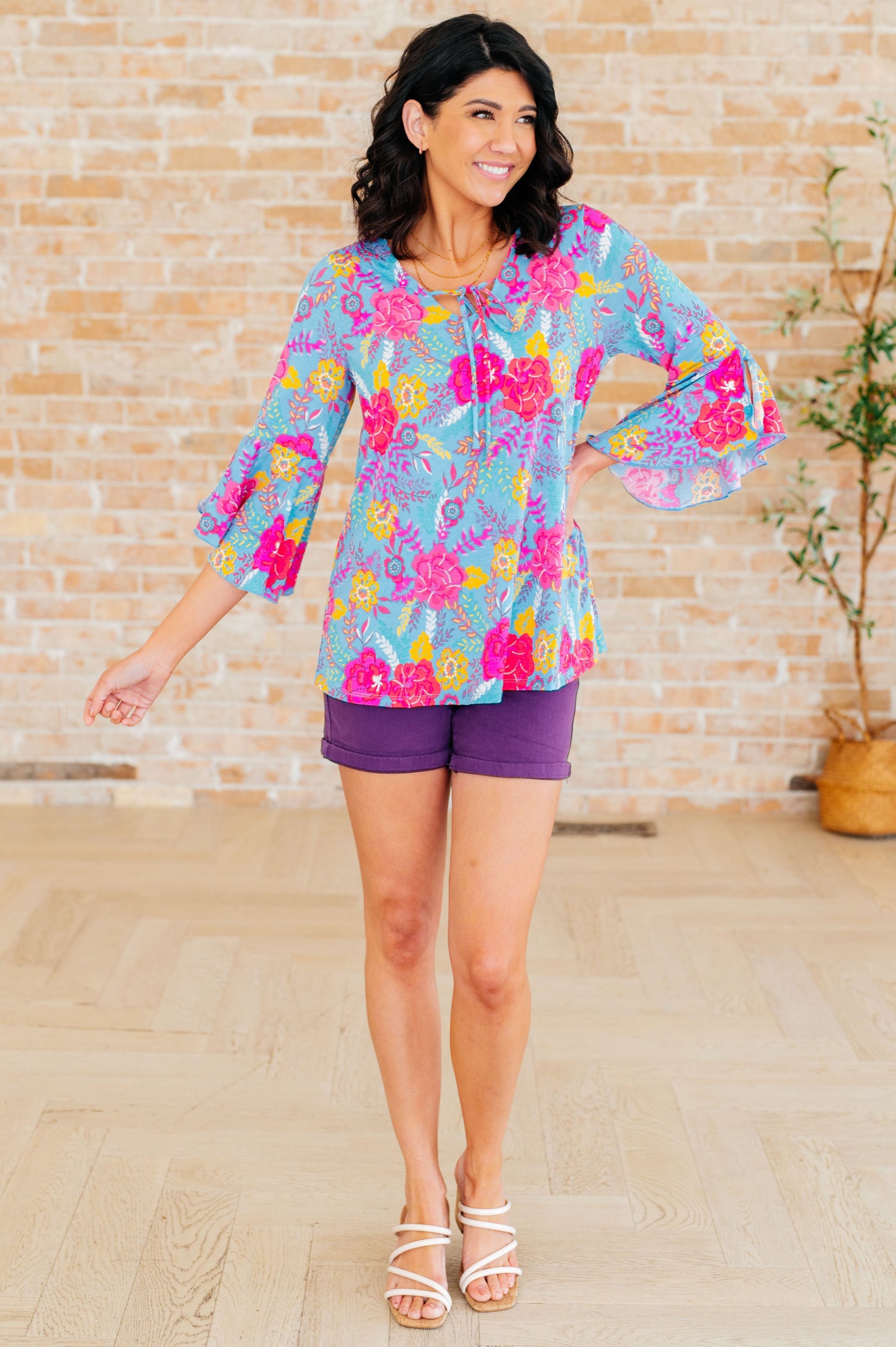 Willow Bell Sleeve Top in Bright Blue Floral